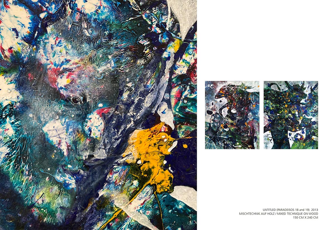 André Künkel Untitled (Paradeisos 18 and 19), 150 cm x 240 cm (each 150 cm x120 cm), Mixed technique on wood, 2013. Private Collection Preview