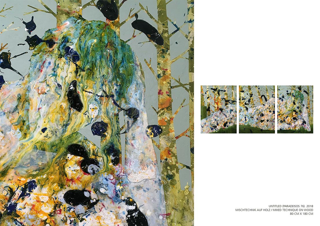 André Künkel Untitled (Paradeisos 76), 80 cm x 180 cm (each 80 cm x 60 cm), Mischtechnik auf Holz, 2018 Preview